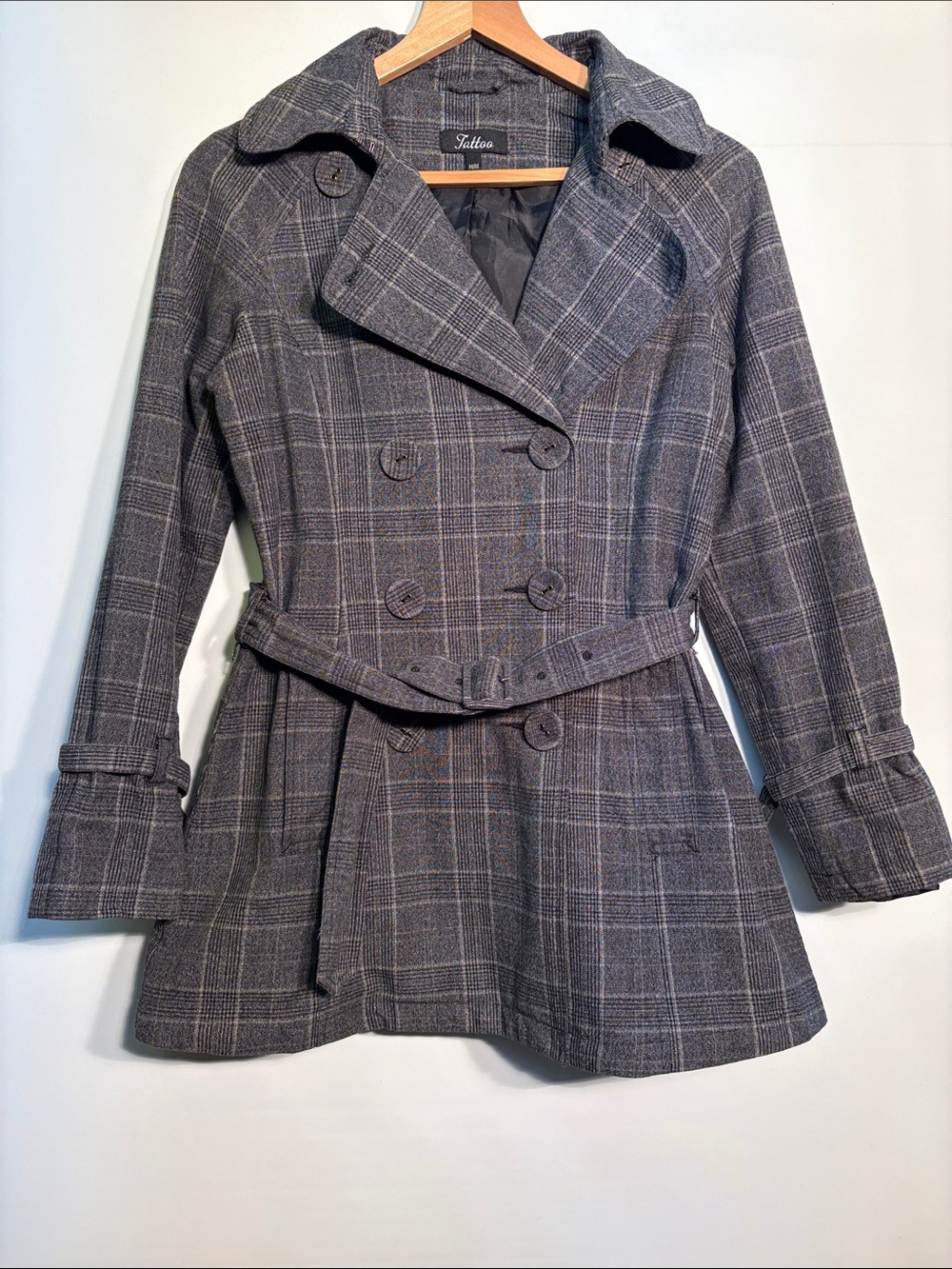 Tattoo Gray Plaid Double-Breasted Belted Trench Coat